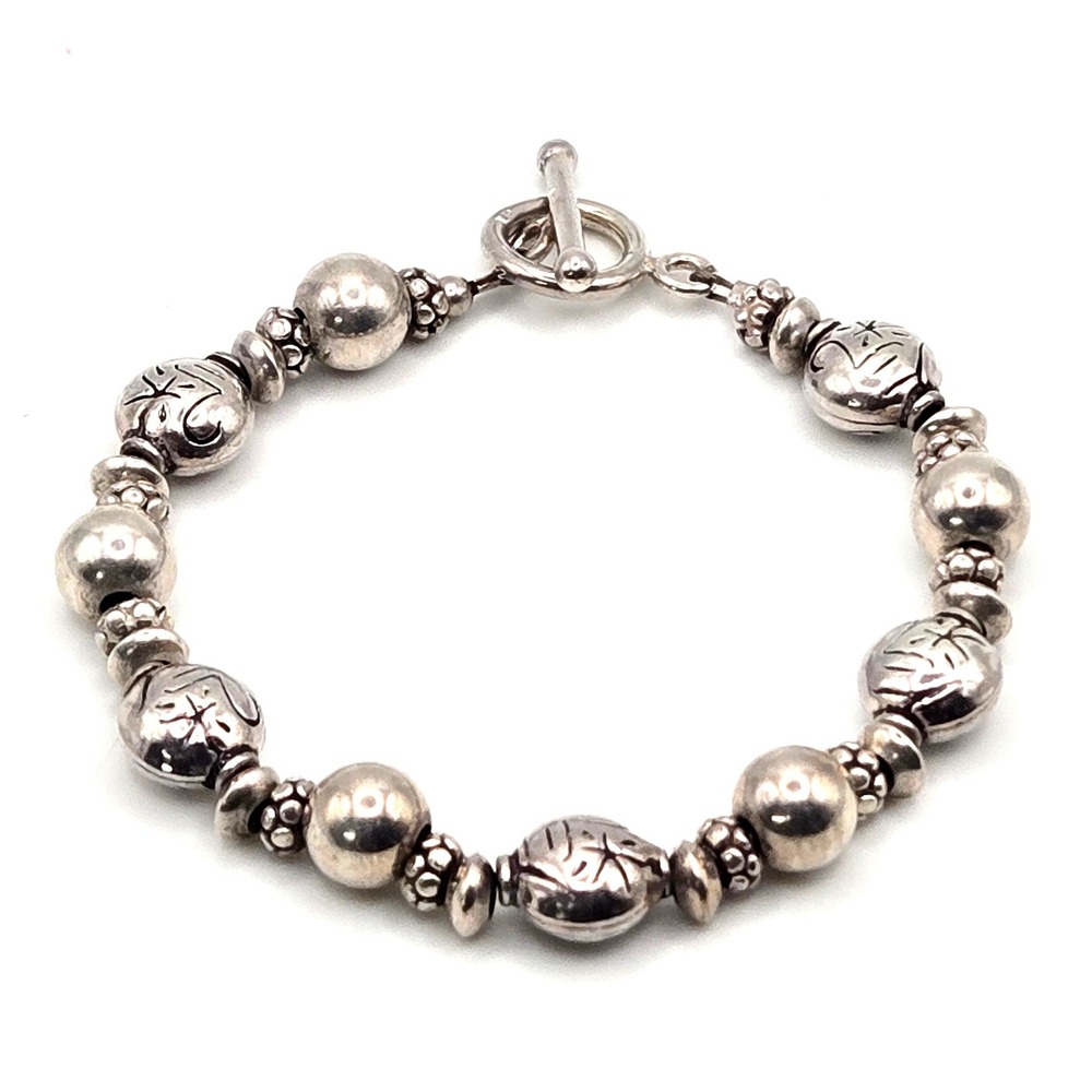 Vintage 925 Sterling Silver Etched Design Bali Bead Toggle Bracelet 6.25 Inch